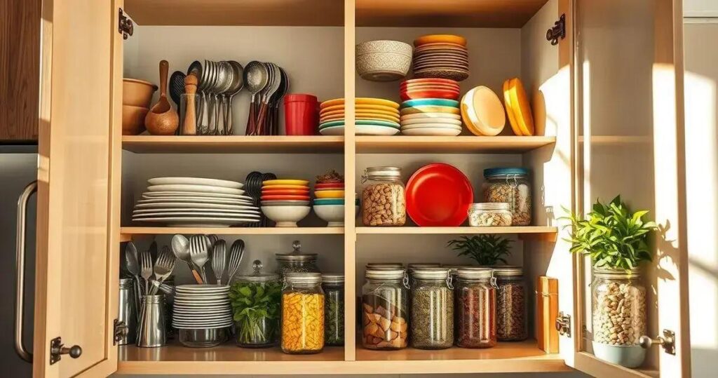 organização de armário de cozinha