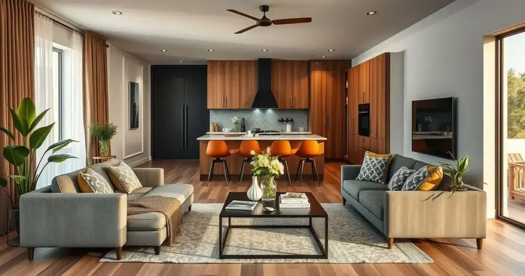 sala integrada com cozinha